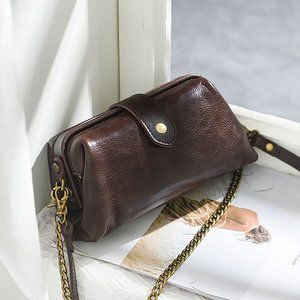 handmade chain shoulder bag, vintage mini doctor bag, vegetable tanned leather